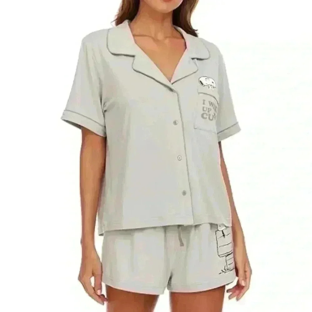 NWT PEANUTS SNOOPY I woke up this cute PJ short sleeve and shorts set Sz L gray